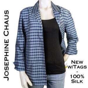 NEW Josephine Chaus Distinctive Charm SILK Blue Gray Check Button Blazer Size 12